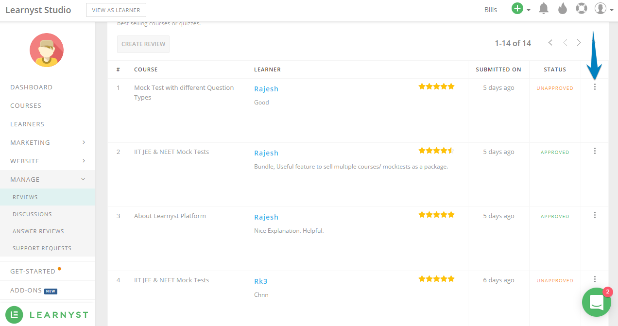 How to delete reviews by learner